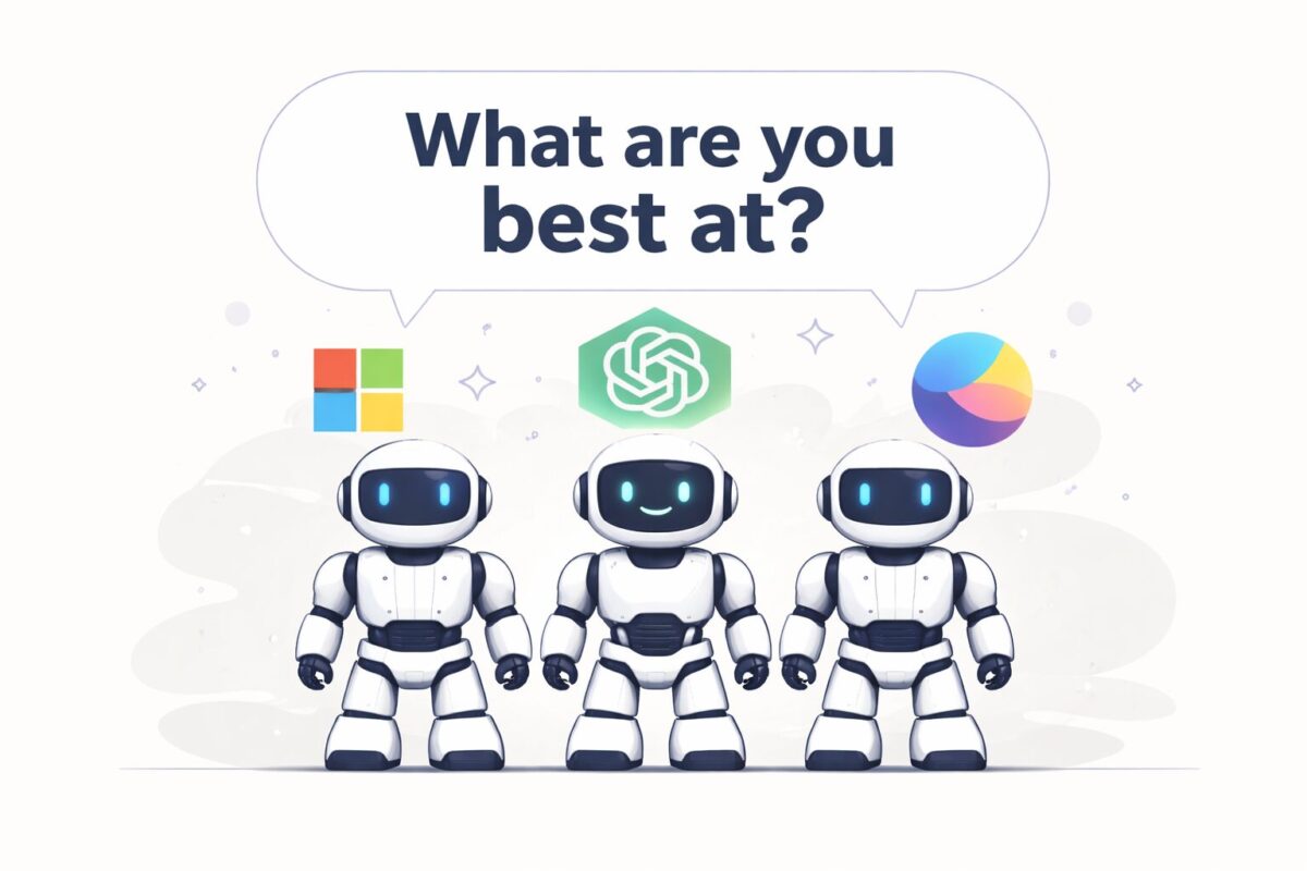 3つの生成AI（ChatGPT・Microsoft 365 Copilot・Gemini）に「What are you best at?」と問いかけている、シンプルで抽象的なイラスト