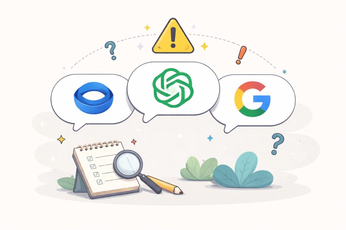 ChatGPT、Microsoft 365 Copilot、Geminiのロゴを吹き出しで並べ、注意点や検証を示すアイコンとともに生成AIの特徴を整理・比較しているシンプルなイラスト