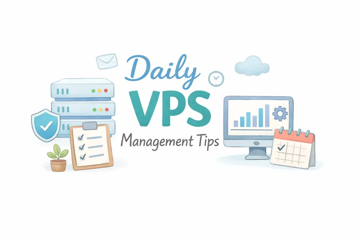 日常的なVPS運用をイメージした、サーバーとチェックリスト、管理画面を柔らかいイラストで表現した画像