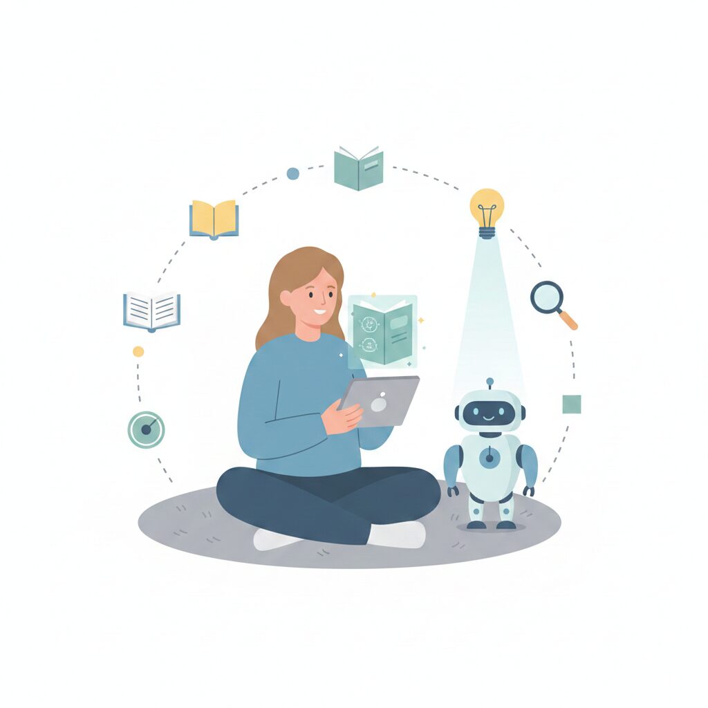 タブレットを操作する人物と小型ロボットが並び、本や電球、検索アイコンが円状に配置された、未来的な学びとテクノロジーを表現したイラスト