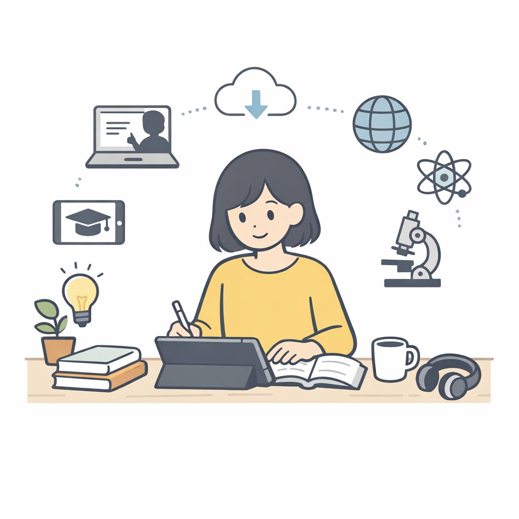 タブレットとノートを使って学習する人物を中心に、クラウドや地球、顕微鏡などのアイコンが並ぶ、学びとテクノロジーを象徴したフラットなイラスト