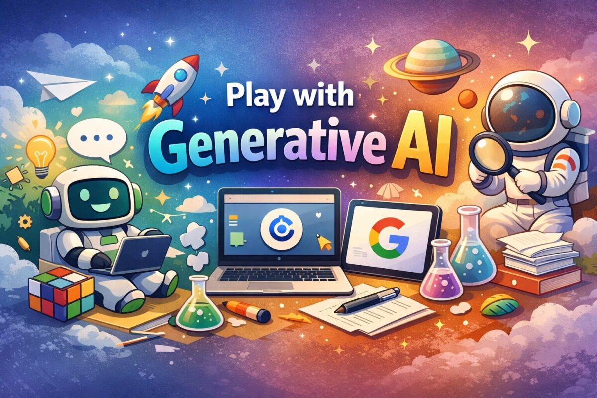 生成AIで遊ぶ様子を描いたイラスト。ChatGPT、Copilot、Geminiを使い、複数のデバイスで試行錯誤しているカラフルな作業風景。