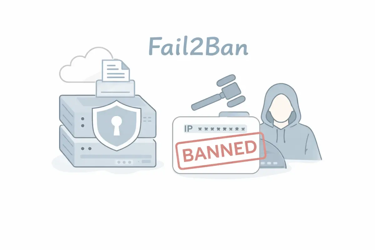 fail2banによって不正なログイン試行を検知し、VPSへのアクセスを自動的に遮断する様子を表したイラスト。