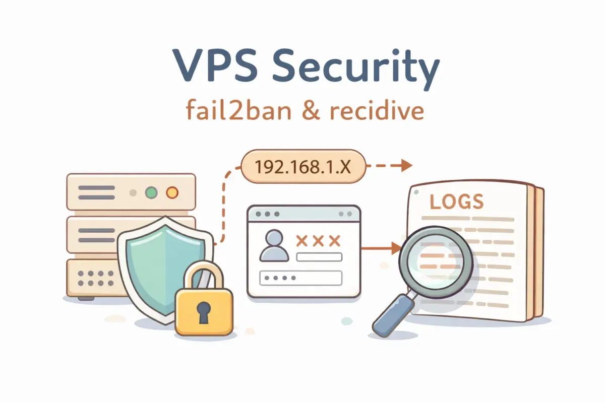 VPS上でfail2banが不正アクセスを検知し、長期BANによってサーバーを保護している様子を表したイラスト