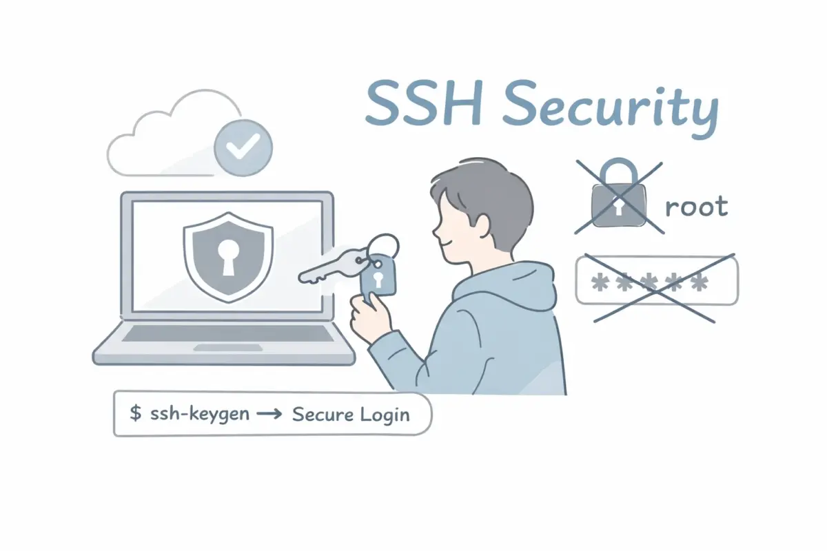 SSHの鍵認証を使ってVPSへ安全にログインし、rootログインやパスワード認証を無効化する様子を表したイラスト。