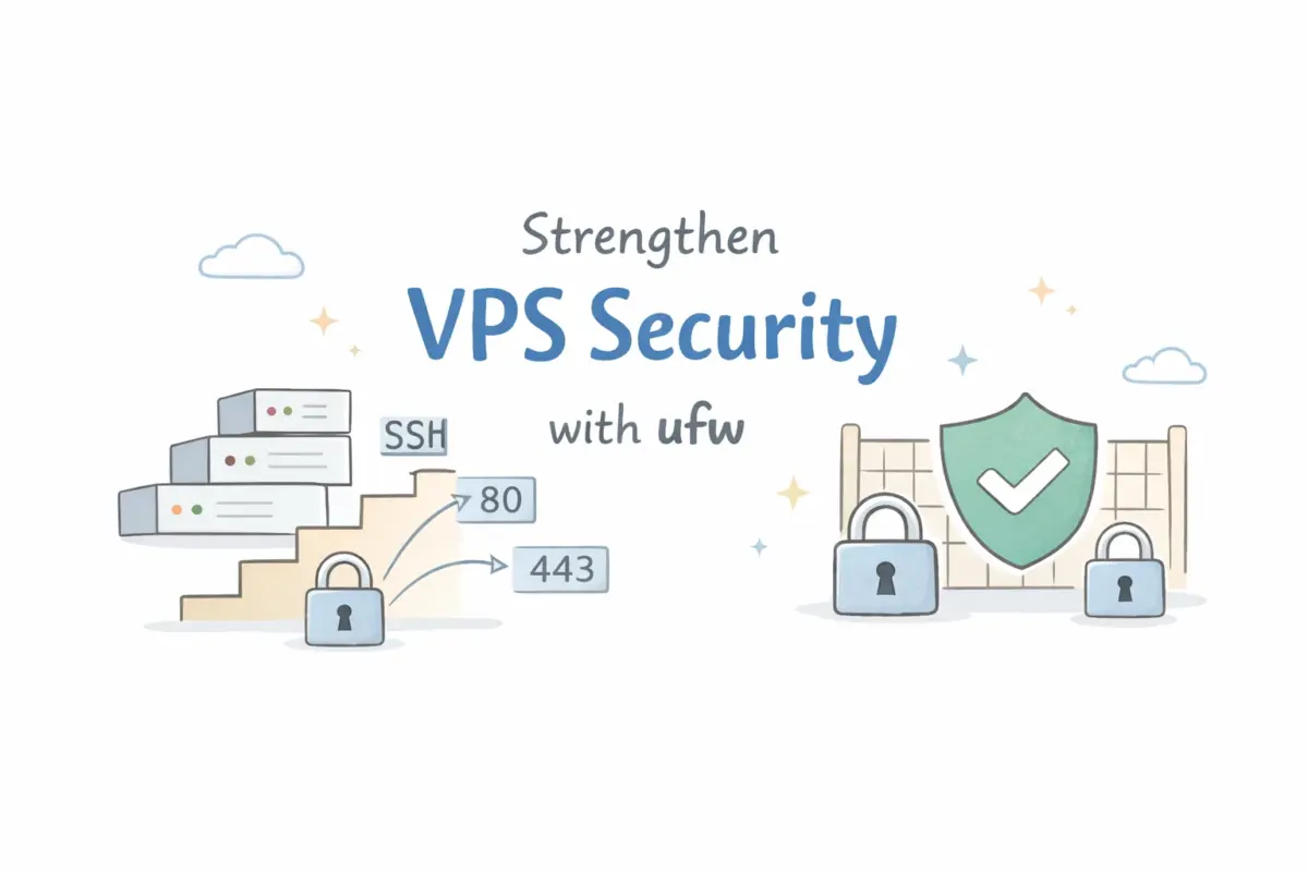 ufwを使ってVPSの通信ポートを制御し、セキュリティを段階的に高めていく様子を表したイラスト。