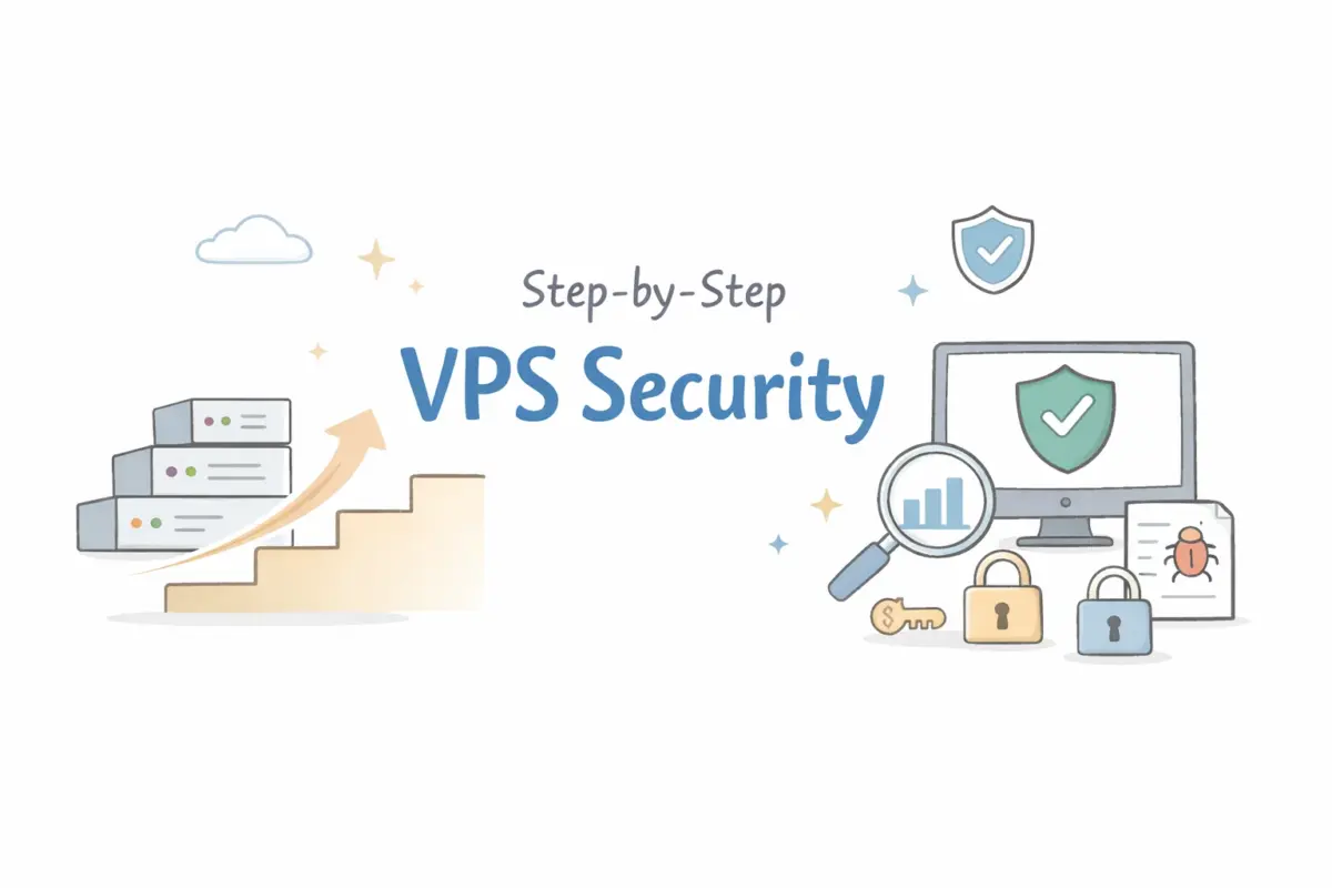 VPSのセキュリティを段階的に高めていく様子を表現したイラスト。サーバー、盾、鍵、ログ分析を示すアイコンが配置されている。