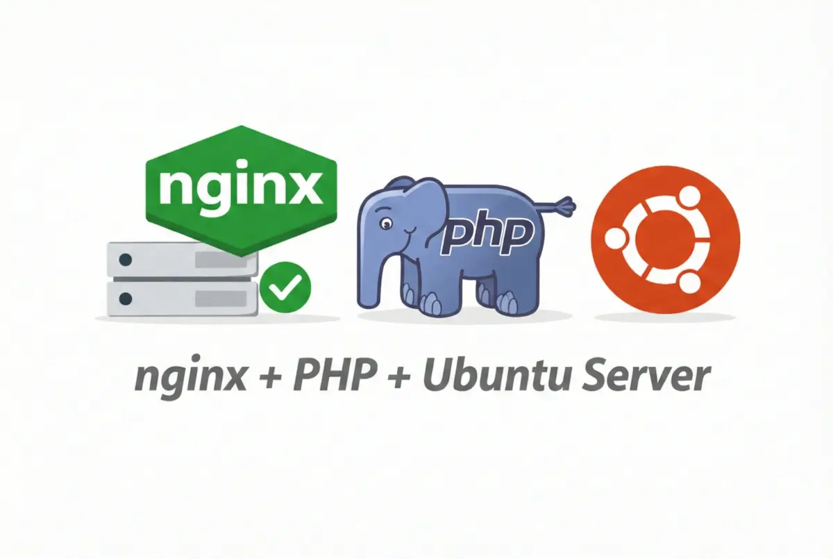 nginxとPHP、Ubuntu Serverを組み合わせたLinuxサーバー構成を表したシンプルなイラスト