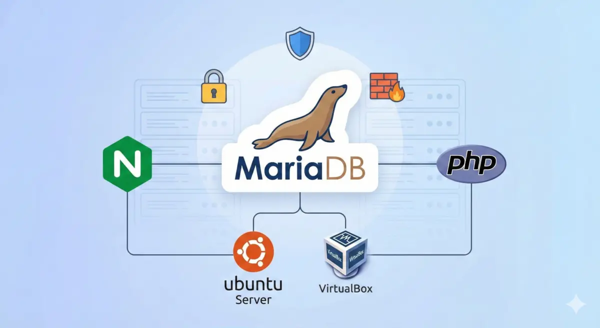 MariaDBとnginx、PHP、Ubuntu Serverを組み合わせたLinuxサーバー構成を表したシンプルなイラスト