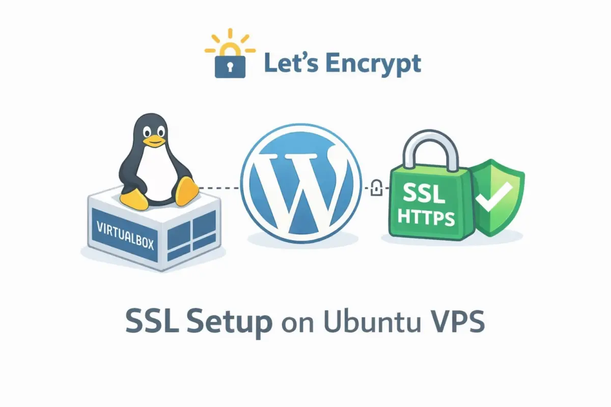 VirtualBox上のUbuntu Serverで構築したWordPressに、Let’s Encryptを使ってSSL（HTTPS）を設定する構成を示したイラスト