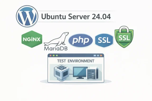 Ubuntu Serverをベースに、nginx・PHP・MariaDB・WordPress・SSL構成を検証環境で整理したWordPress構築シリーズを表したシンプルなイラスト