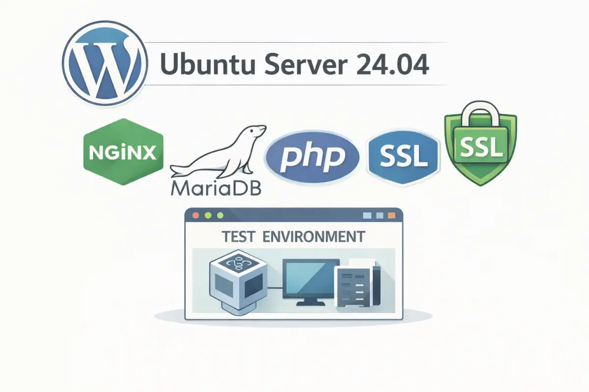 Ubuntu Serverをベースに、nginx・PHP・MariaDB・WordPress・SSL構成を検証環境で整理したWordPress構築シリーズを表したシンプルなイラスト