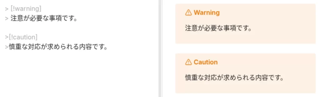Markdown記法のコールアウトのWarningとCautionのサンプル画像