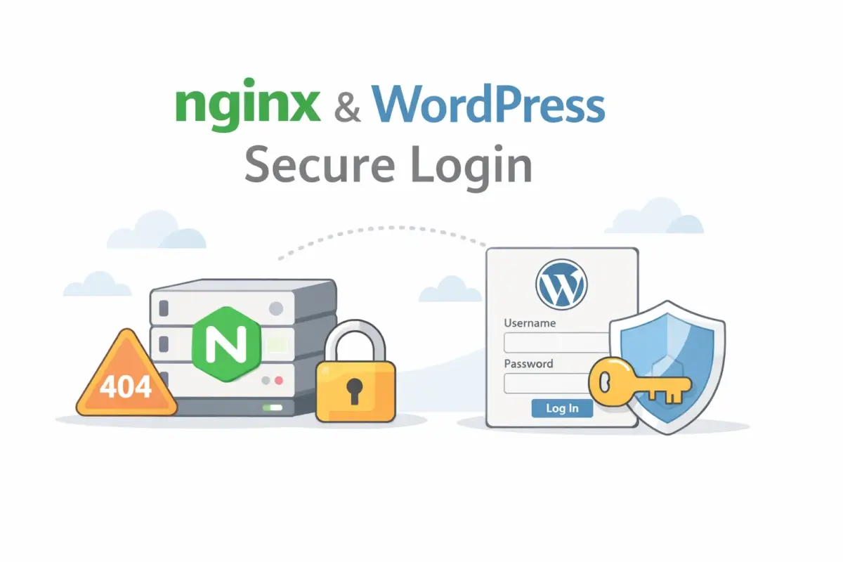 nginxでwp-login.phpへの直接アクセスを遮断し、WordPressのログイン画面を保護しているイラスト
