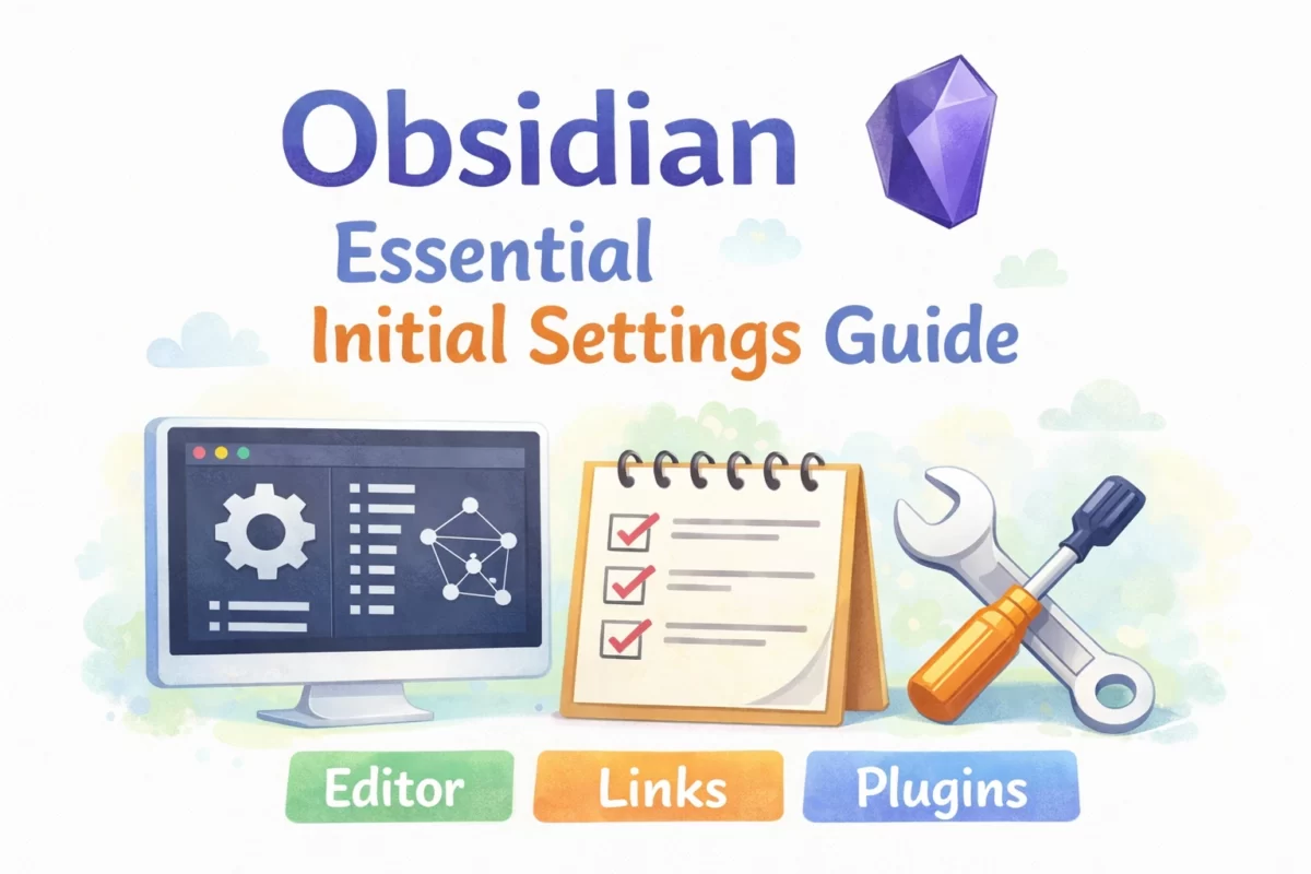 白い背景に、Obsidianのロゴと「Essential Initial Settings Guide」の文字、モニター・チェックリスト・工具のイラストが配置された、柔らかいタッチのアイキャッチ画像