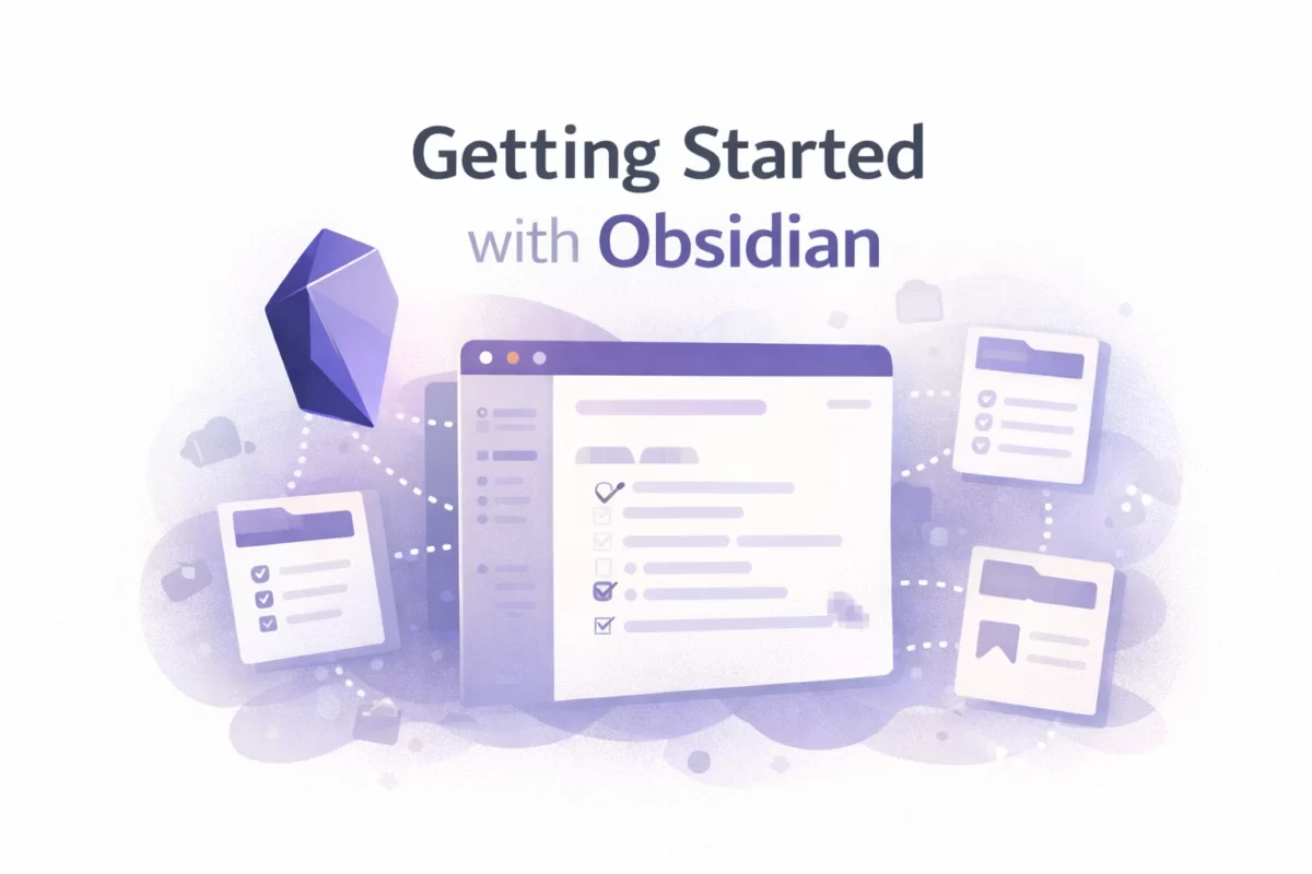 白背景に、抽象的な紫色のロゴとノート画面風のUI、チェックリスト付きメモやリンクされたノートが描かれ、「Getting Started with Obsidian」と表示されたアイキャッチ画像