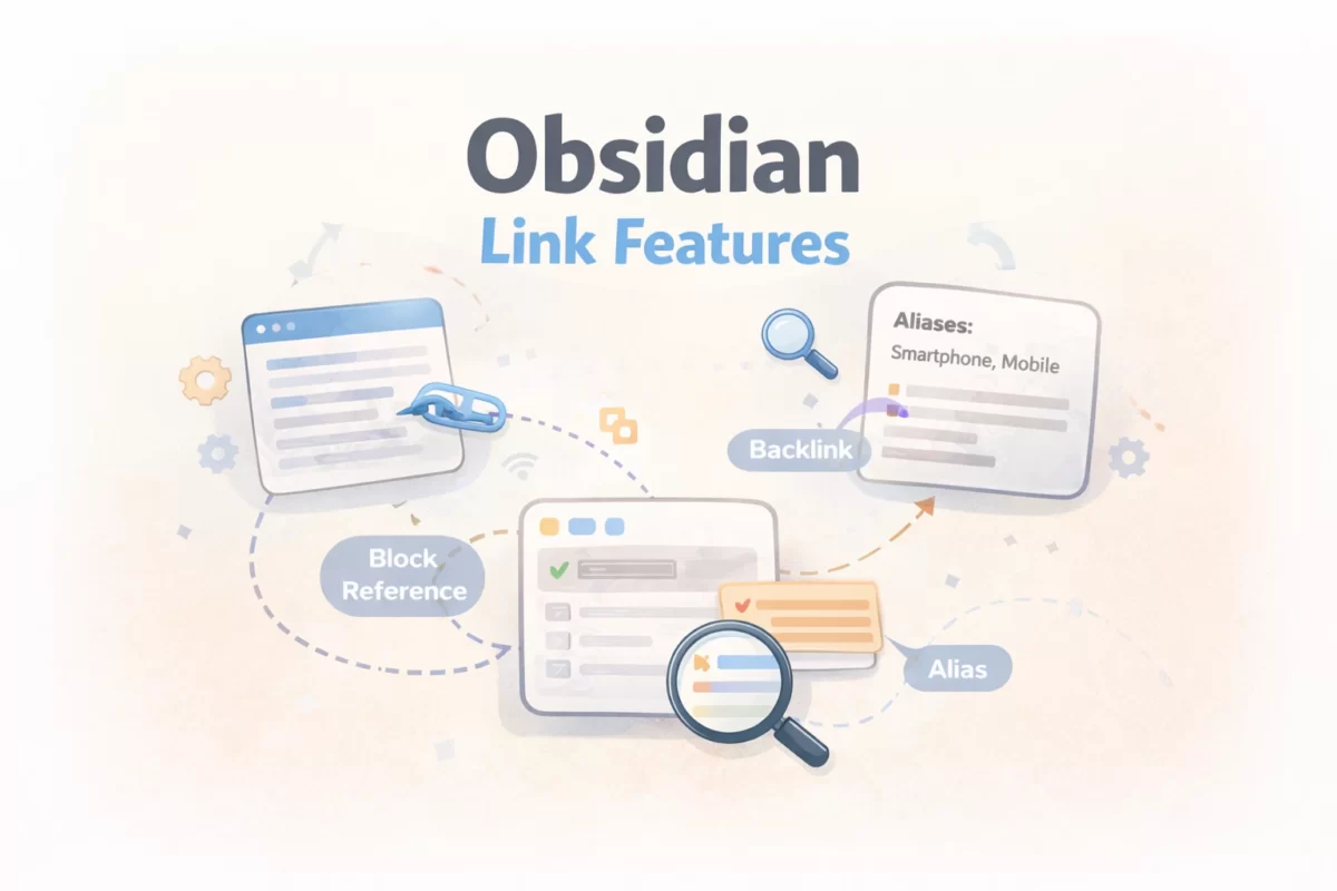 白から薄いベージュのグラデーション背景に、複数のノートカードが点線でつながれた柔らかいイラスト。中央に「Obsidian Link Features」の文字があり、Block Reference、Backlink、Aliasを表す吹き出しや虫眼鏡アイコンが配置され、ノート同士の内部リンク構造を視覚的に表現している。