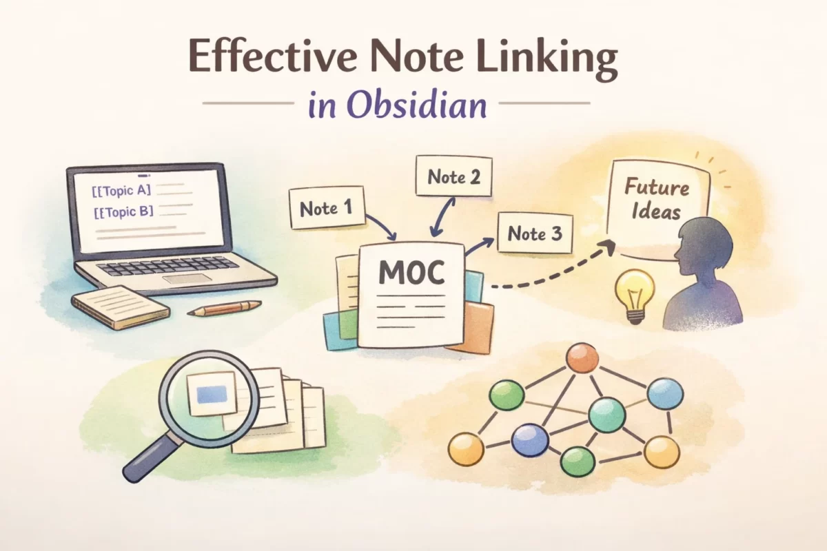 白と薄いベージュのグラデーション背景に、中央のMOCノートから複数のノートがリンクでつながる様子を描いた、Obsidianの内部リンクと知識のネットワーク化を表現したイラスト。