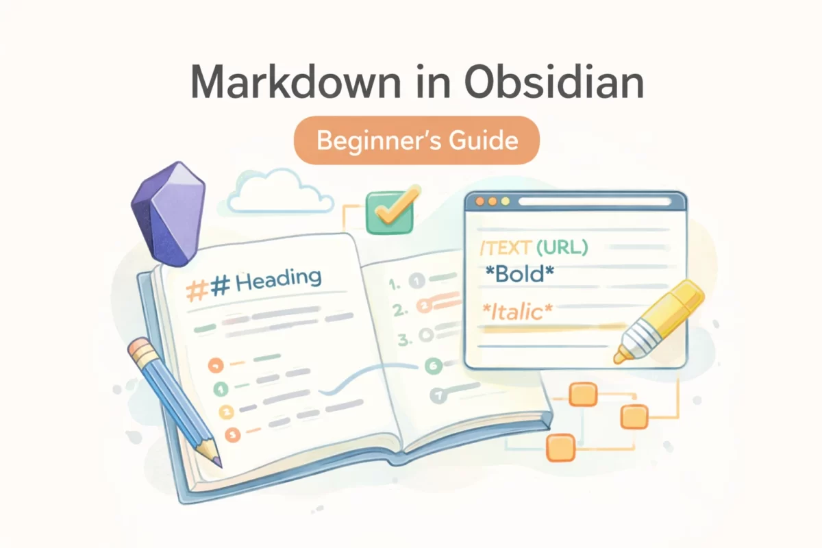 白背景にMarkdownの見出しや太字・斜体を示した、Obsidian初心者向け入門ガイドのアイキャッチイラスト