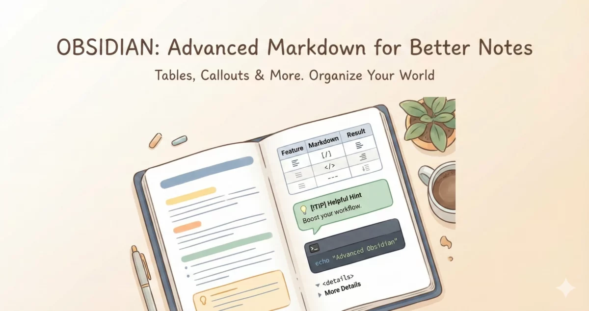 ObsidianのMarkdown応用記法（表、コールアウト、コードブロック）を解説するアイキャッチ画像。ベージュの背景に、具体的な記法が描かれたノートのイラストと「OBSIDIAN: Advanced Markdown for Better Notes」の文字。