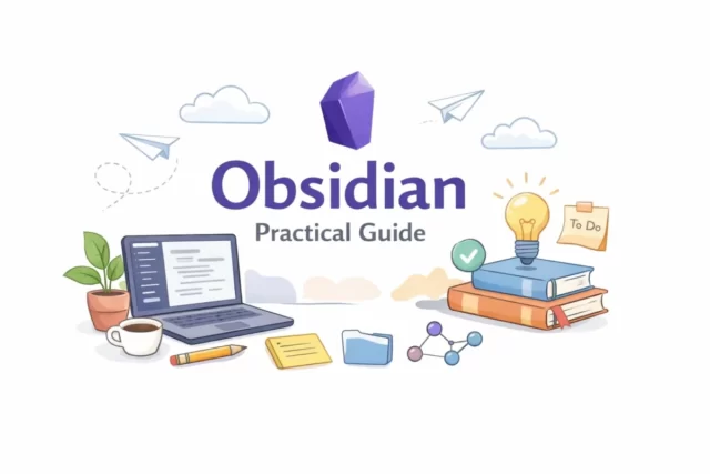 白い背景に、Obsidianの紫色のロゴと「Obsidian Practical Guide」の文字を中心に、ノートパソコンや本、電球など学習をイメージしたイラストが描かれたアイキャッチ画像。