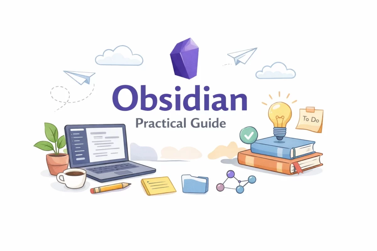 白い背景に、Obsidianの紫色のロゴと「Obsidian Practical Guide」の文字を中心に、ノートパソコンや本、電球など学習をイメージしたイラストが描かれたアイキャッチ画像。