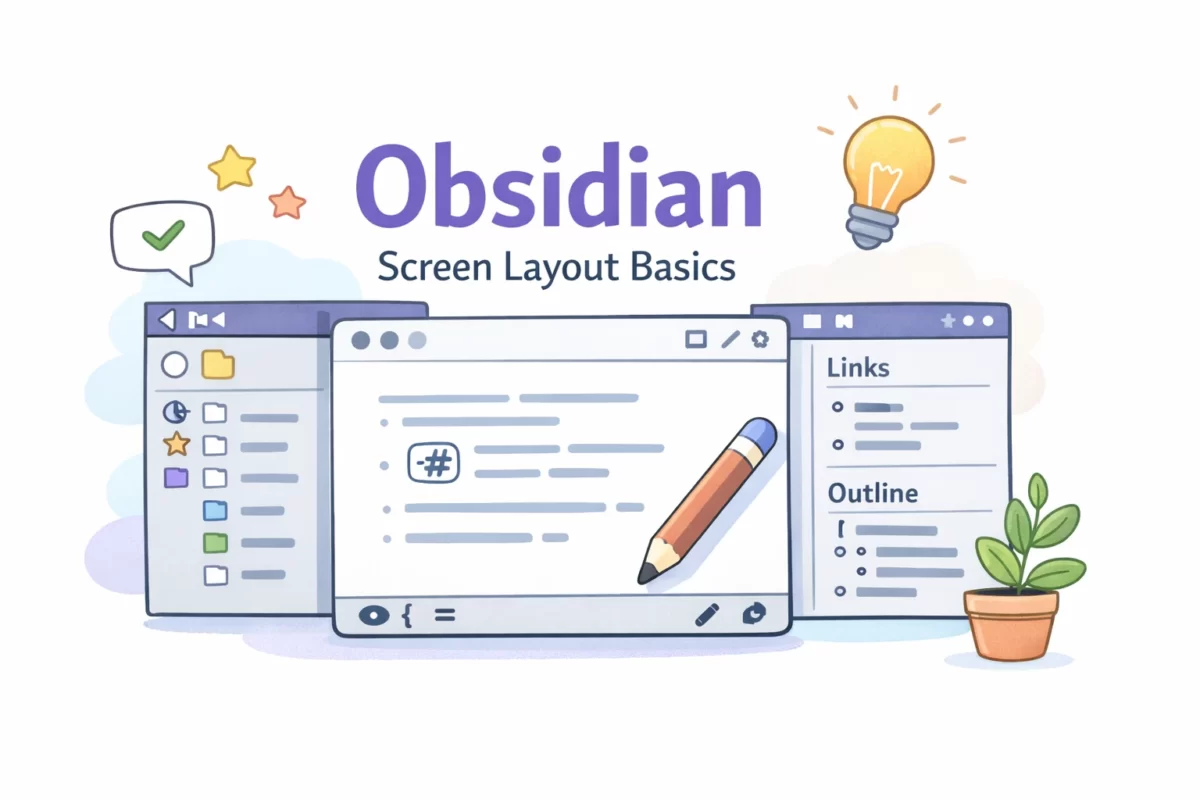 Obsidianの画面構成をイメージしたイラスト。中央エディタと左右のサイドバーがやわらかいタッチで描かれ、「Obsidian Screen Layout Basics」の文字が配置されている。