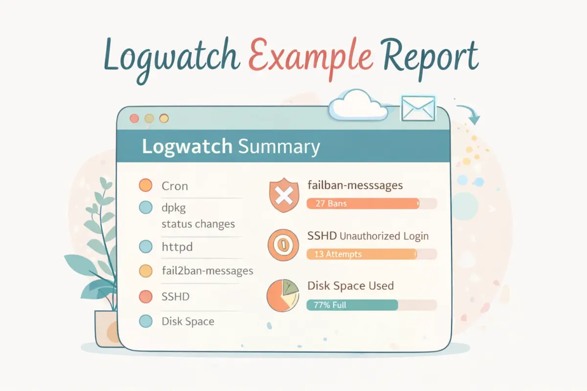 VPSのログをメールで確認するために、Logwatchを使って運用状況を見守るイメージのイラスト