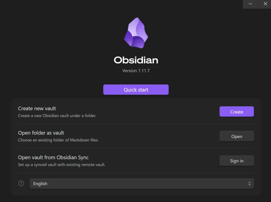 obsidianを初めて起動したときの画面の画像、英語表記になっている