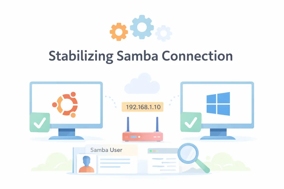 Windows 11 と Ubuntu の間で、Samba によるファイル共有接続が安定している様子を表したシンプルなイラスト