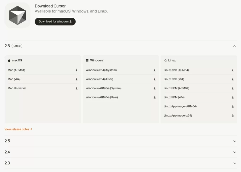 Cursorのホームページ右上からダウンロード画面を表示した画像。macOS、Windows、Linuxに対応したインストーラーをここからダウンロードできる