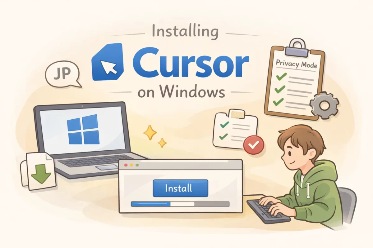 CursorのWindows版インストールと初期設定・日本語化、Privacy Mode設定までの流れを示したイラスト