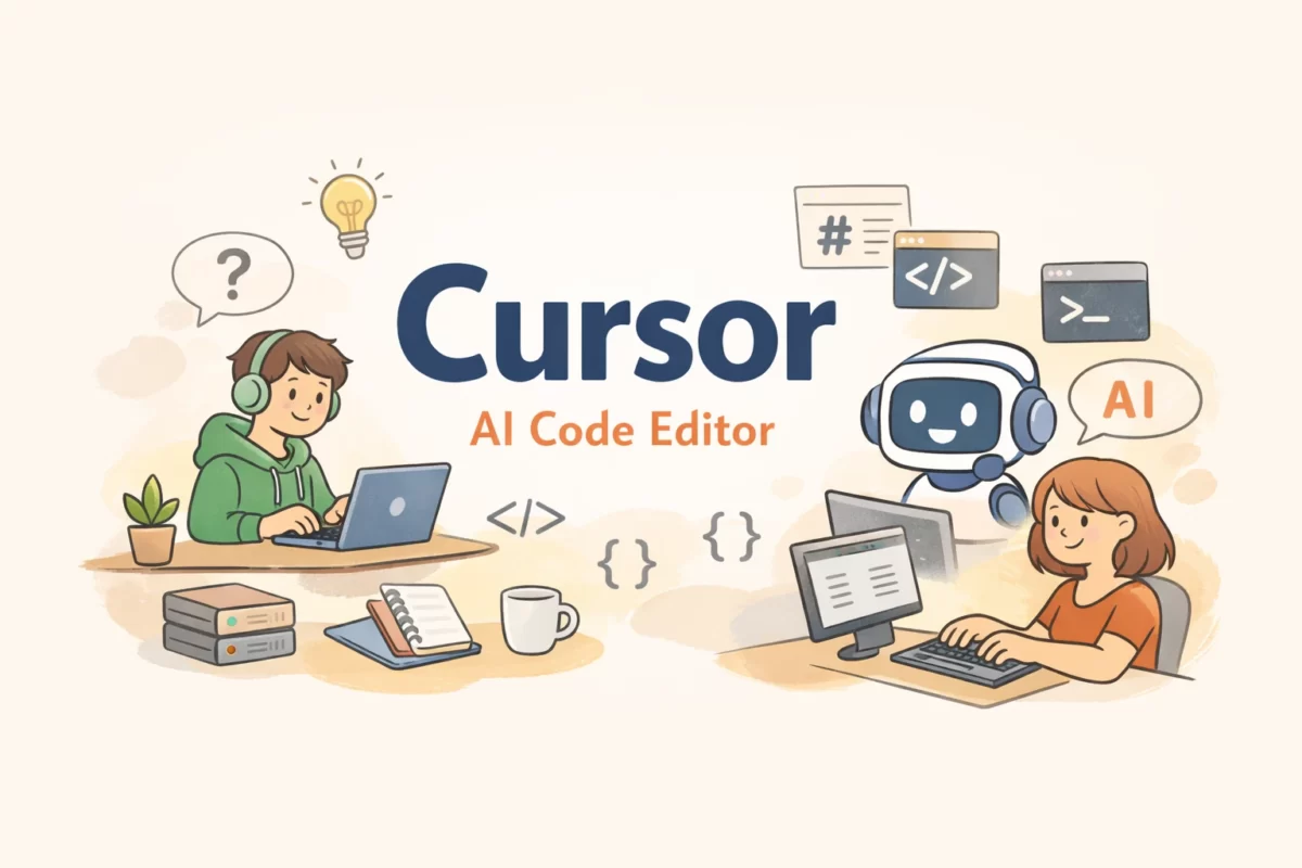 AIコードエディタ「Cursor」のイメージイラスト。AIがブログ執筆やプログラミングをサポートする様子を表現したアイキャッチ画像