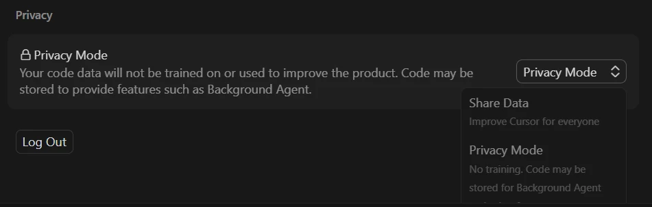 Cursorの設定画面からPrivacy Modeを選択する画面の画像