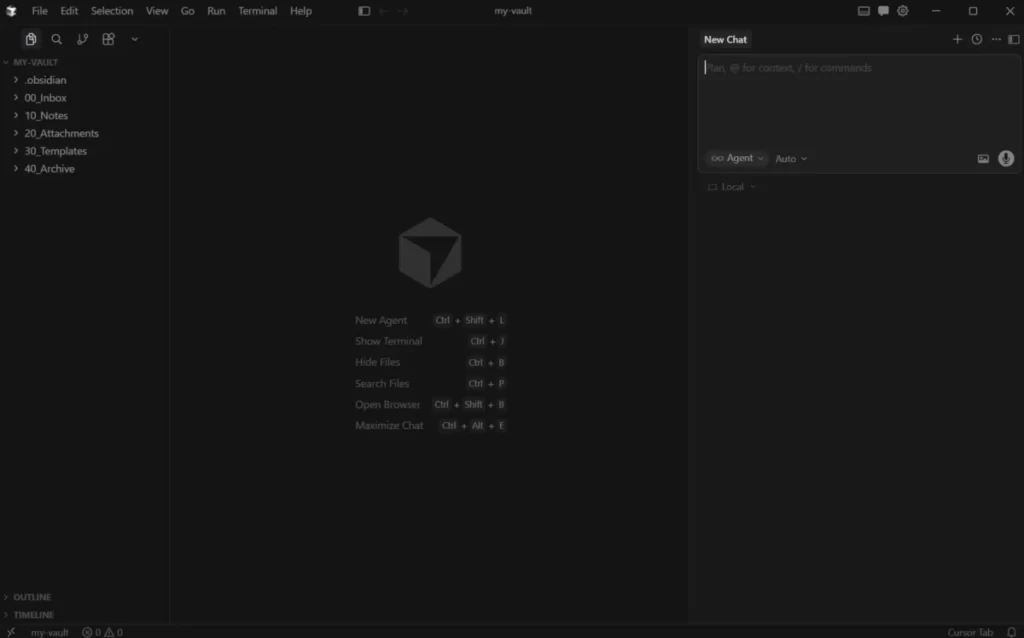 Cursorが起動し、左側にファイルエクスプローラー、真ん中にエディタ、右側にチャットペインが表示された画面の画像