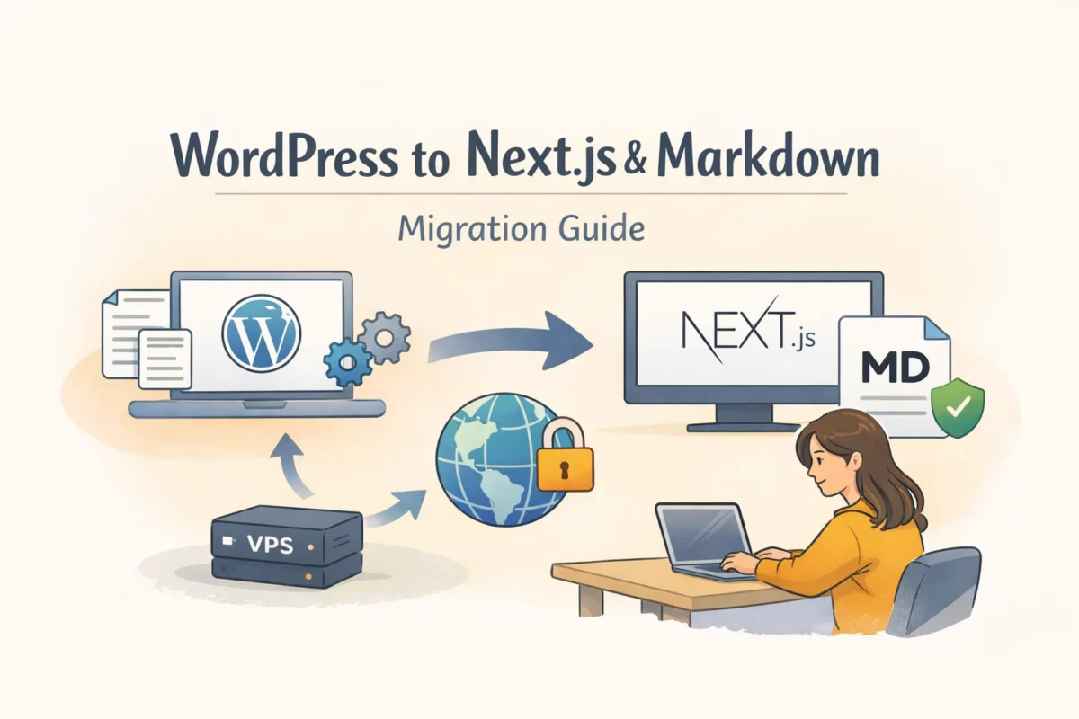 WordPressからNext.jsとMarkdownへブログを移行する手順を解説したイラスト（女性がVPS環境でブログ構築を行う様子）
