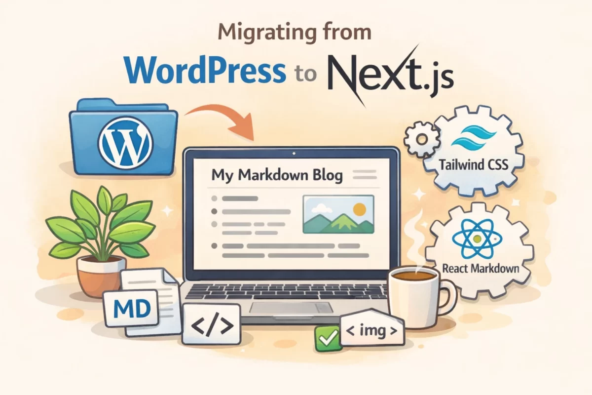 Next.js で WordPress から移行した Markdown 記事を表示する手順をイメージしたアイキャッチ画像。ノートPCに Markdown ブログが表示され、Tailwind CSS や React Markdown によるデザイン適用や変換処理を表現したイラスト。