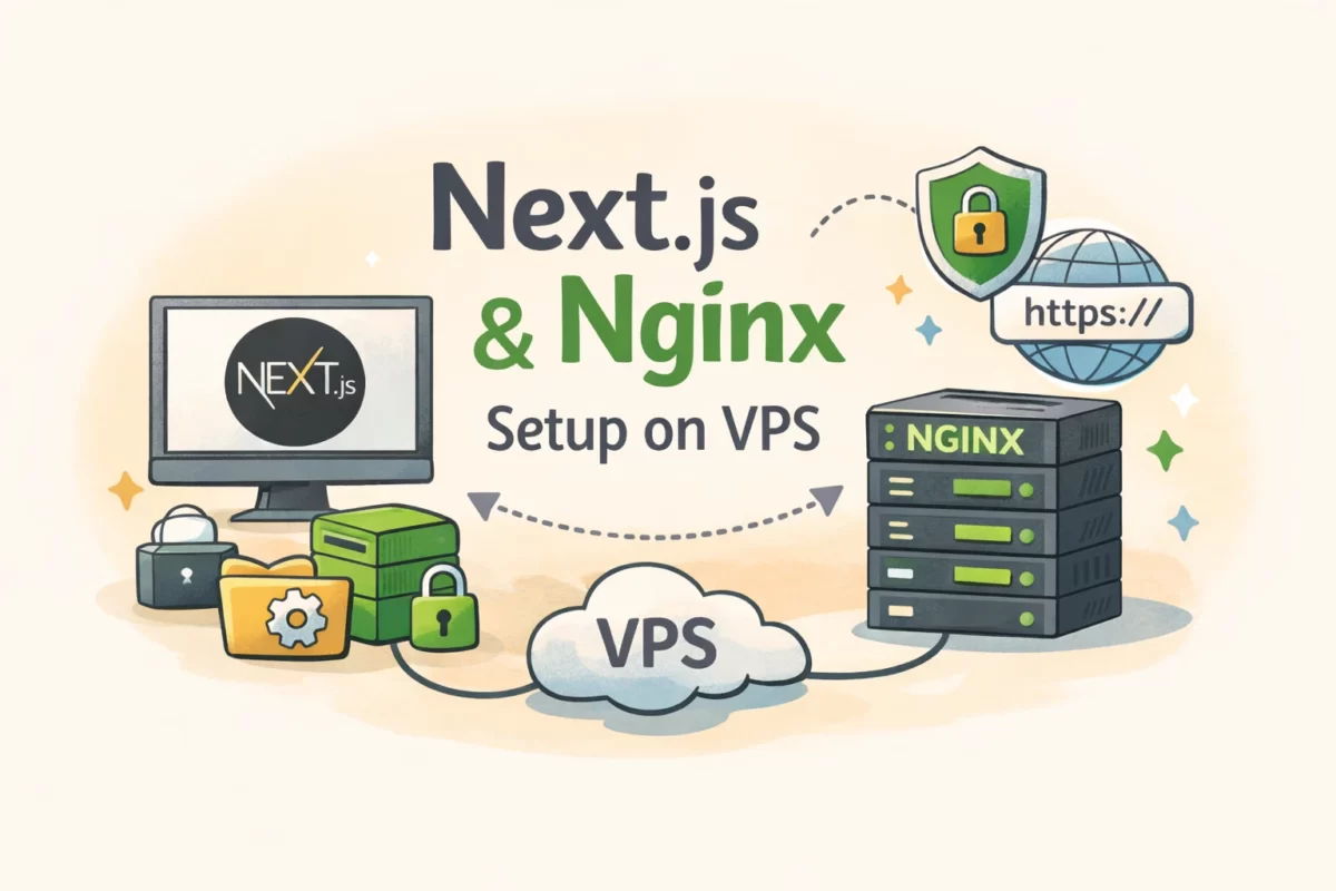 VPS上でNext.jsをNginxのリバースプロキシで公開しHTTPS化する構成イメージ。サブドメイン設定とSSL対応を解説するイラスト