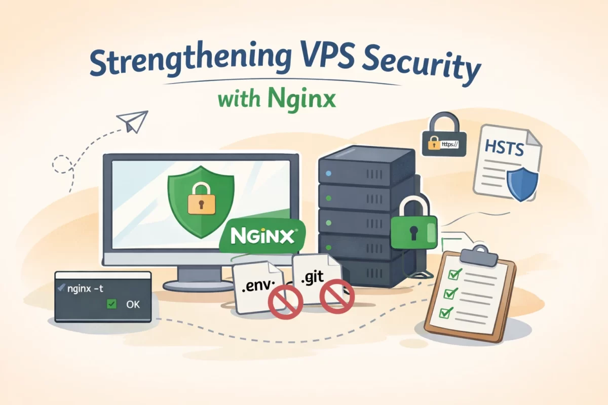 Nginxで隠しファイル（.env・.git）へのアクセスをブロックし、HSTSなどのセキュリティヘッダーを設定してVPSのセキュリティを強化するイメージイラスト