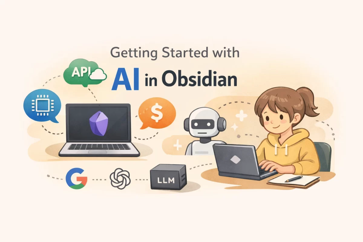 Obsidianで生成AIを始める方法を解説するアイキャッチ画像｜無料API・有料API・ローカルLLMの違いと選び方をイメージしたイラスト
