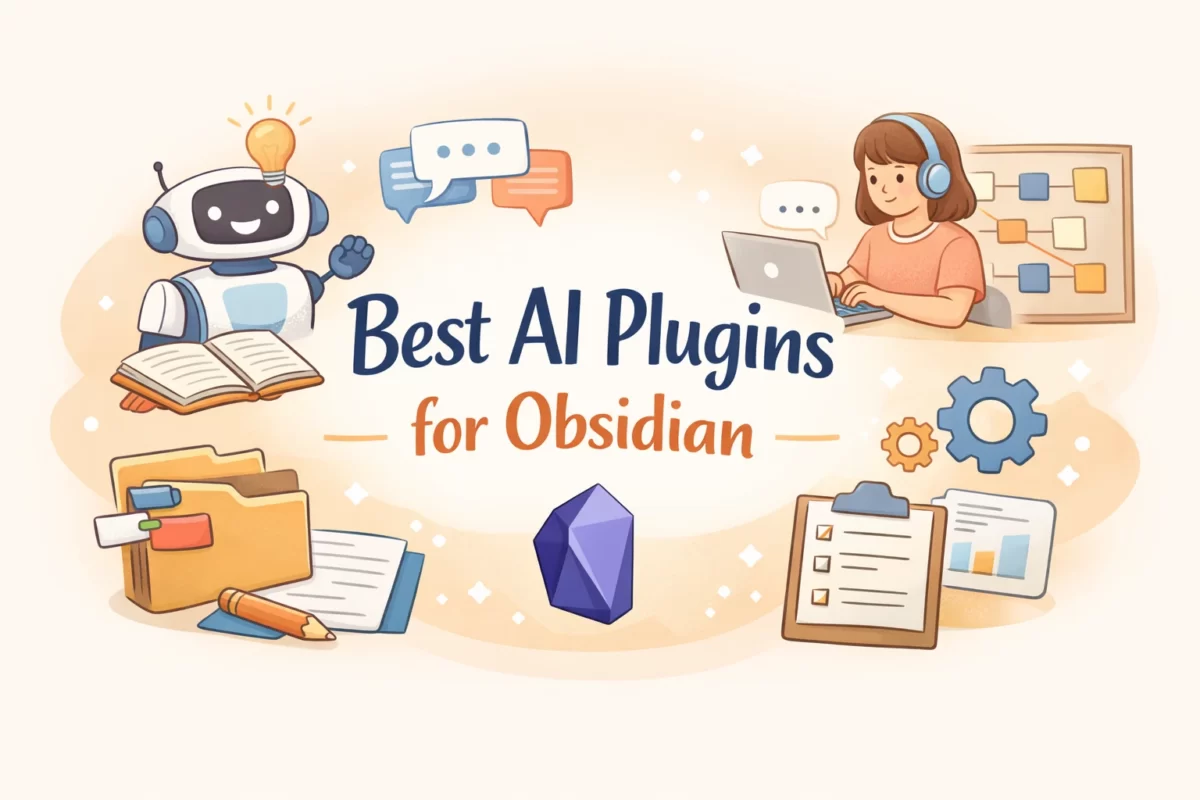 ObsidianのおすすめAIプラグインを紹介するアイキャッチ画像。女の子がノートPCで作業し、AIロボットやメモ・フォルダ・歯車のイラストとともに、文章作成・ノート整理・自動化を表現しているデザイン。