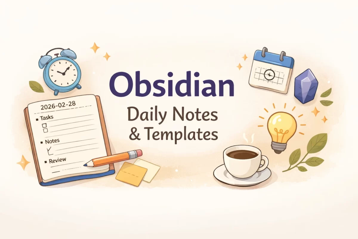「Obsidian Daily Notes & Templates」の英字タイトルと、日付入りのノート、チェックリスト、カレンダー、目覚まし時計、コーヒーカップ、電球などが柔らかいタッチで描かれたアイキャッチイラスト