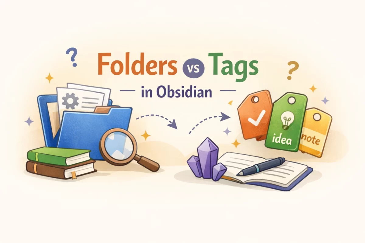 「Folders vs Tags in Obsidian」と英語で書かれた文字と、左にフォルダや虫眼鏡、右にカラフルなタグが描かれた、フォルダとタグの違いを表現した柔らかい雰囲気のイラスト。