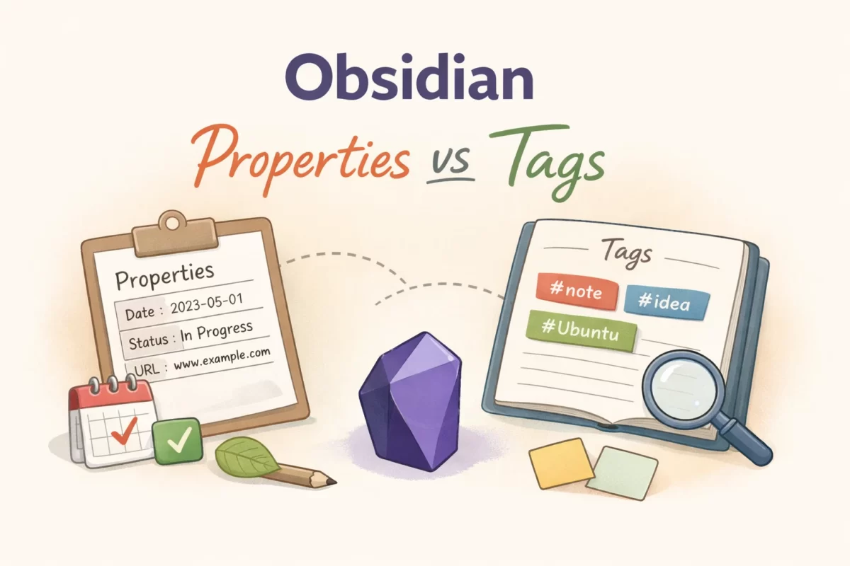 Obsidianのプロパティとタグの違いを図解したイラスト。ノート管理におけるPropertiesとTagsの役割と使い分けを分かりやすく説明している。