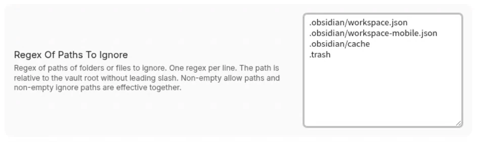 Obsidianのコミュニティプラグイン「Remotely Save」の設定画面で同期から除外するフォルダとファイルを選択した画像