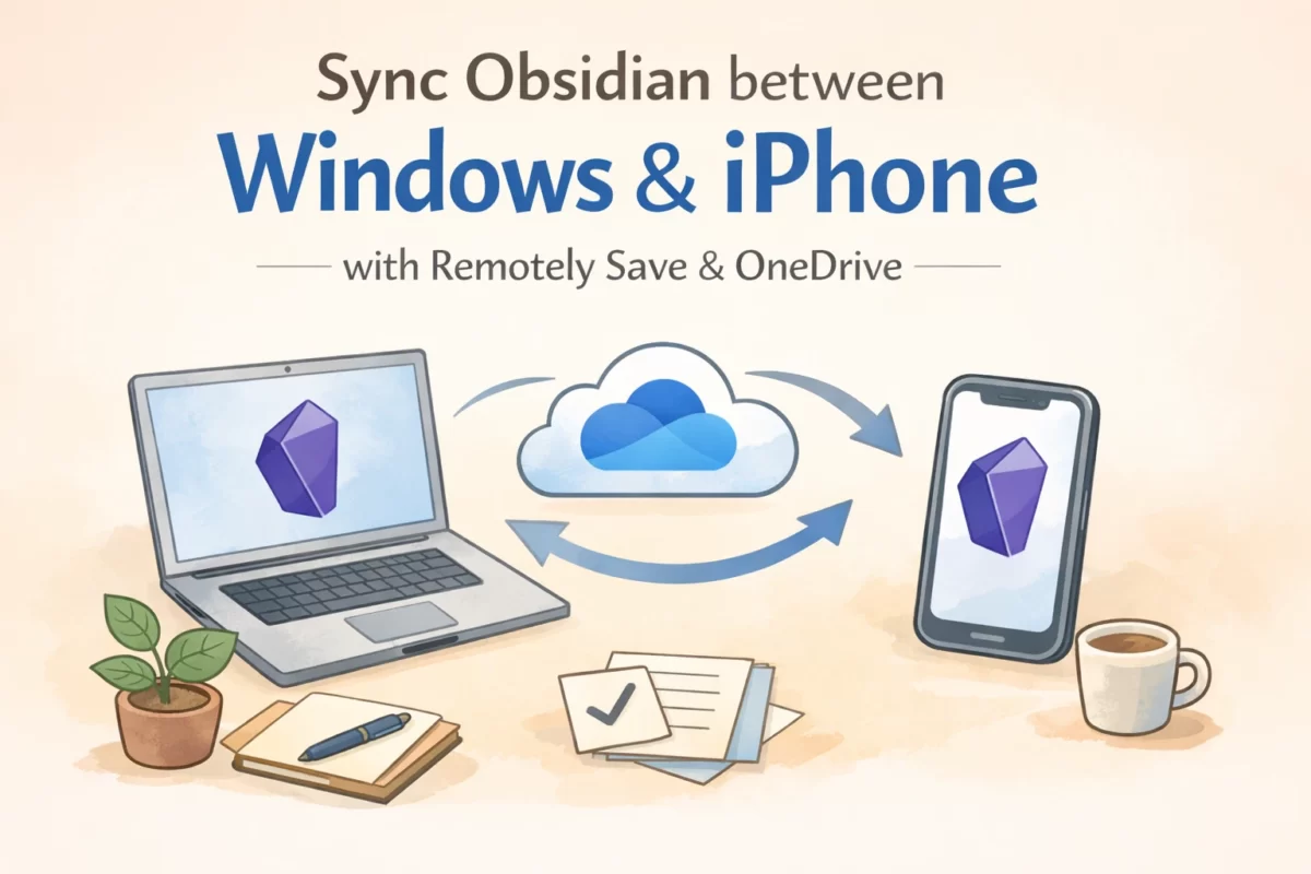 OneDriveとRemotely Saveを使い、WindowsのPCとiPhoneのObsidianをクラウド経由で同期する様子を表したイラスト。中央にOneDriveのクラウド、左右にPCとスマートフォンが配置され、矢印で同期を表現している。