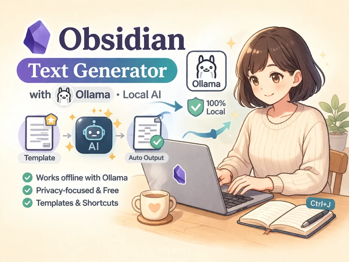 ObsidianのText GeneratorとOllamaを使ったローカルAI執筆環境を解説するイラスト。女の子がノートPCで文章生成し、テンプレート機能や自動出力による効率化を表現したアイキャッチ画像