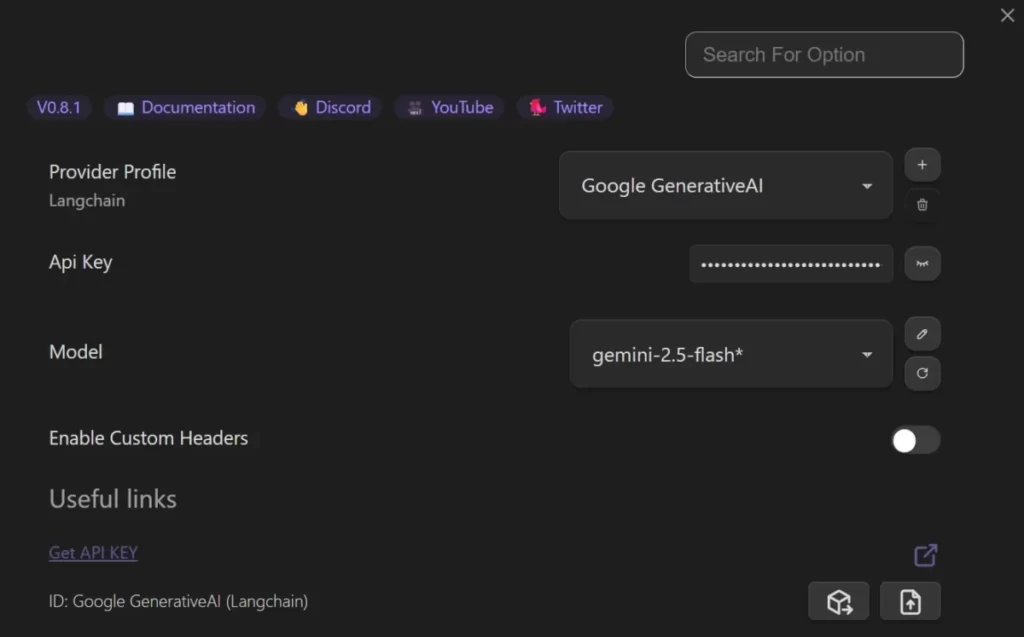 ObsidianのText GeneratorのSettingsで、Gemini APIを使用できるように設定した画面のスクリーンショット