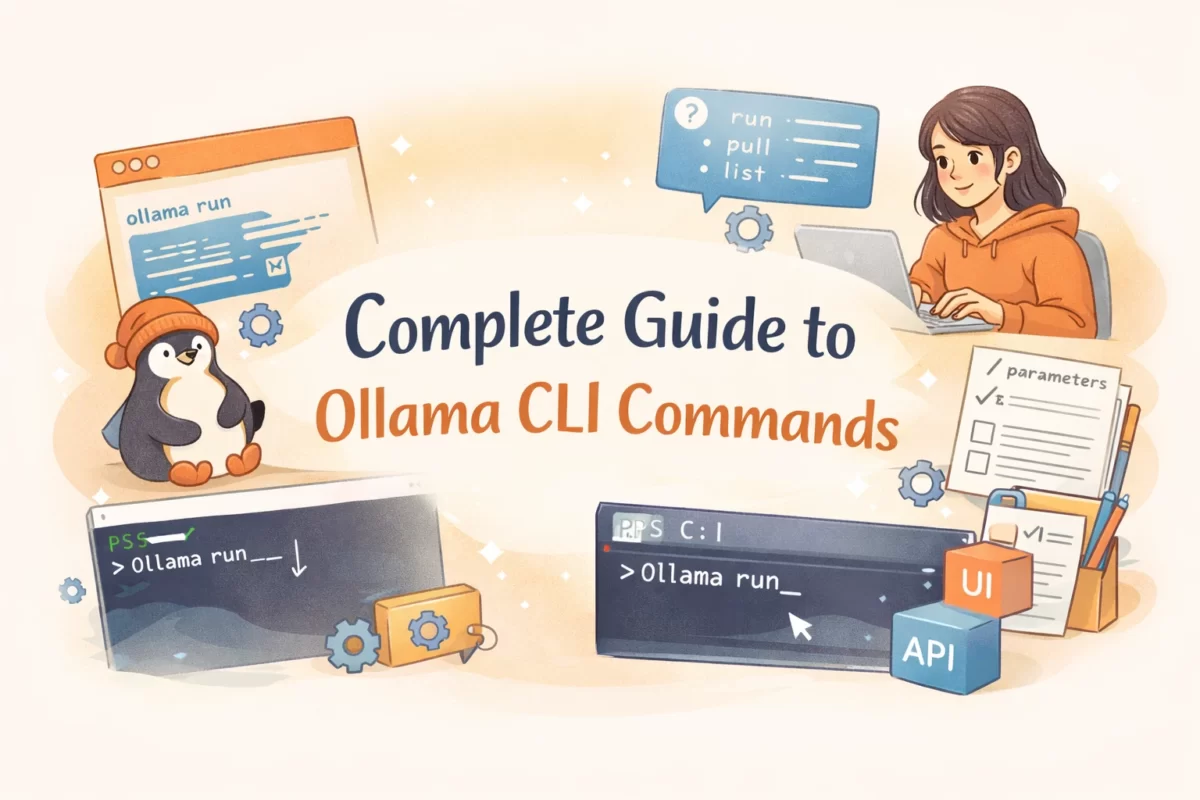 OllamaのCUIコマンドとパラメータ解説をテーマにしたアイキャッチ画像。女性がノートPCでターミナル操作を行い、コマンド（run・pull・list）や設定項目を示すUIとともに、ローカルAIの操作・カスタマイズを表現しているデザイン
