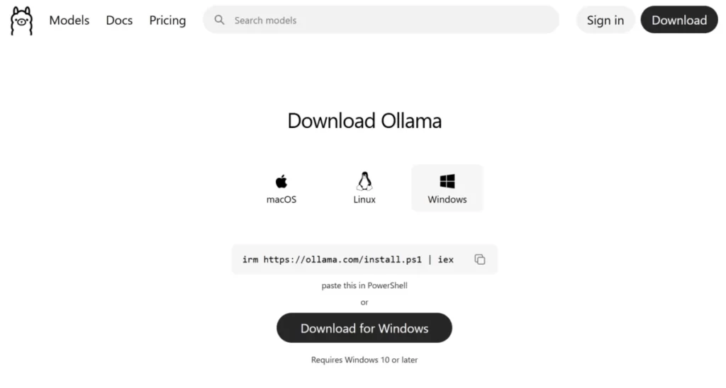 OllamaのホームページからDownload for Windowsが表示されたインストーラーをダウンロードするページの画像